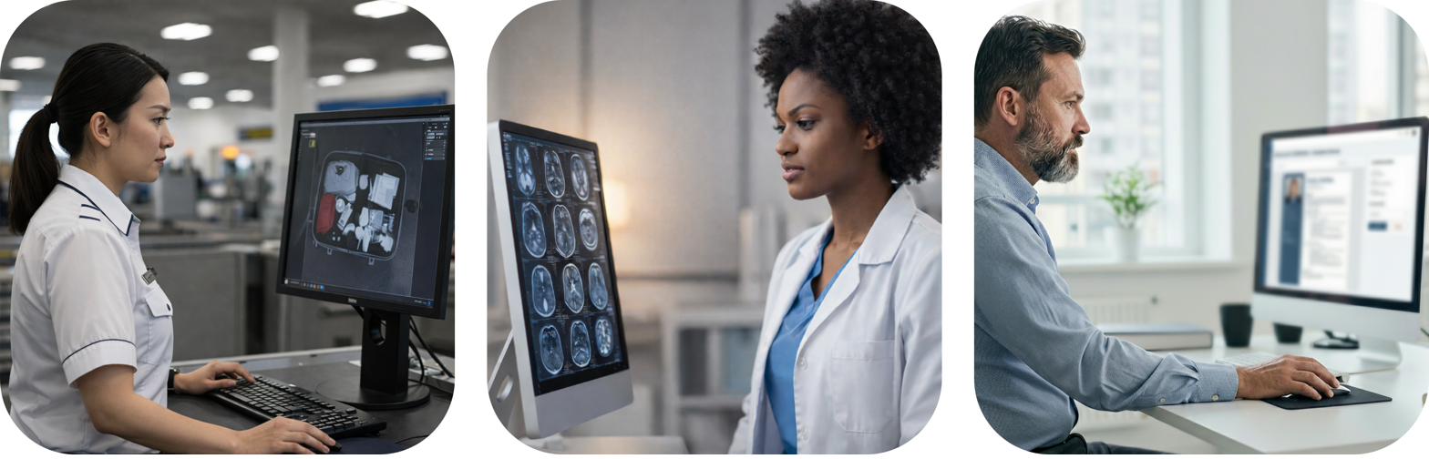 Examples of application domains of AI-assisted decision-making: a luggage screener, a radiologist, and an HR employee.