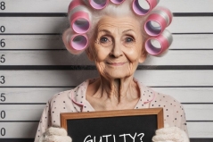 Old lady holding a sign saying guilty?