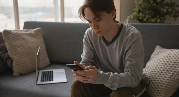 a boy sitting next to a laptop using his phone