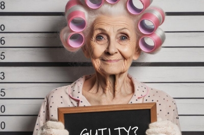 Old lady holding a sign saying guilty?